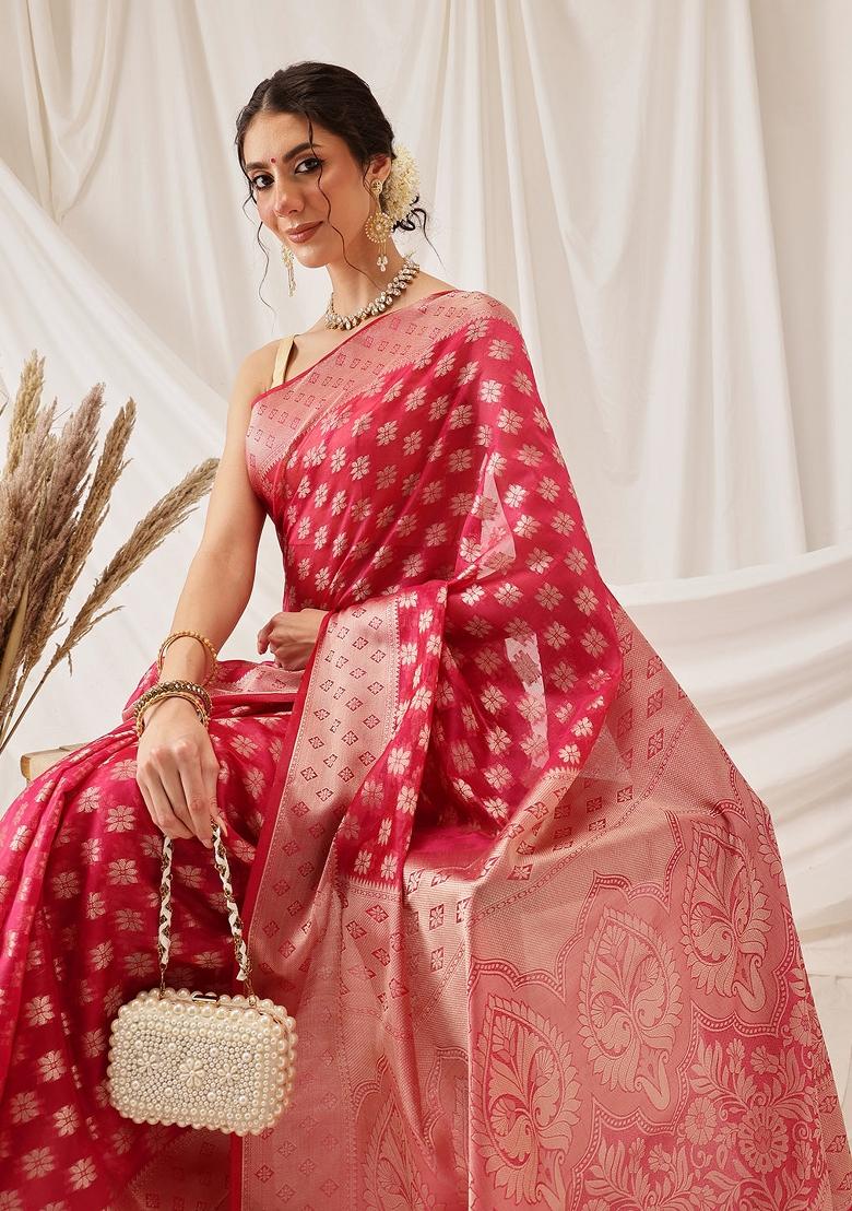 Pink Woven Design Organza Silk Saree
