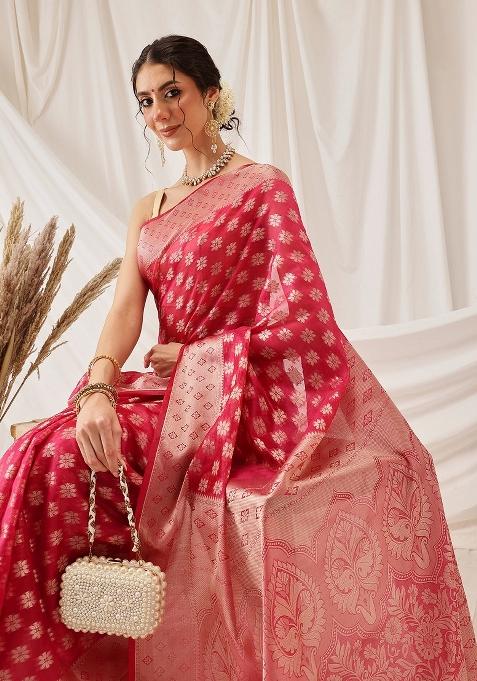 Pink Woven Design Organza Silk Saree