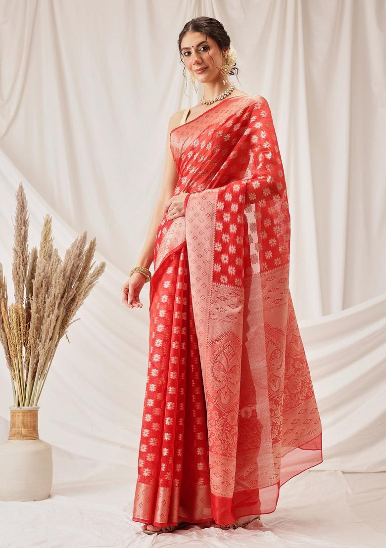 Red Woven Design Organza Silk Saree