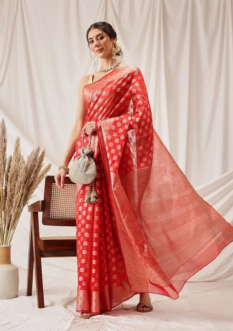 Red Woven Design Organza Silk Saree