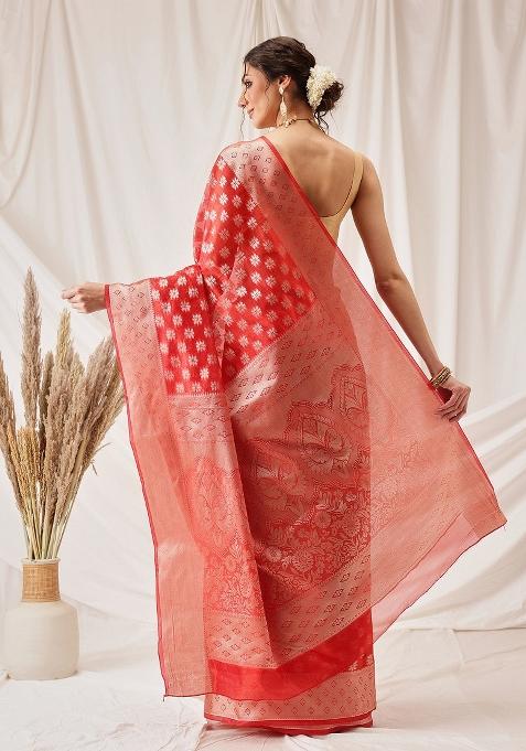 Red Woven Design Organza Silk Saree