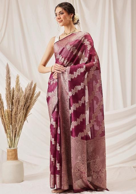 Purple Woven Design Organza Silk Saree