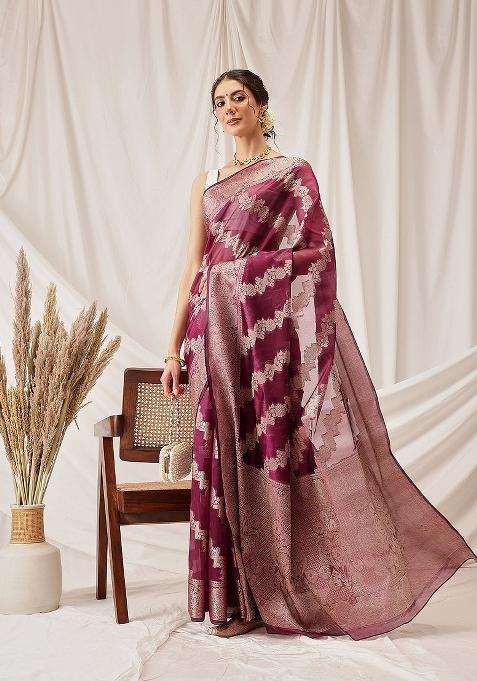 Purple Woven Design Organza Silk Saree