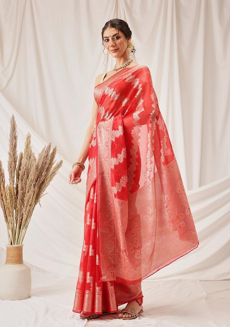 Red Woven Design Organza Silk Saree