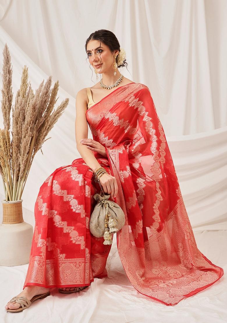 Red Woven Design Organza Silk Saree