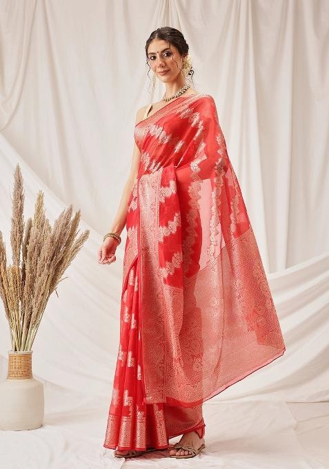 Red Woven Design Organza Silk Saree
