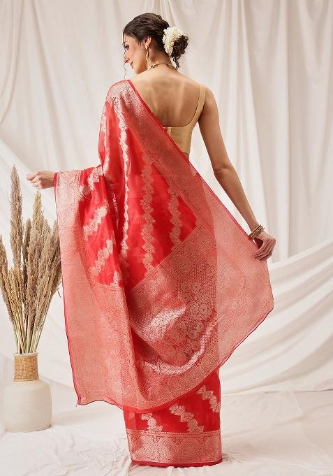 Red Woven Design Organza Silk Saree