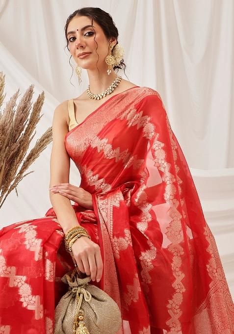 Red Woven Design Organza Silk Saree