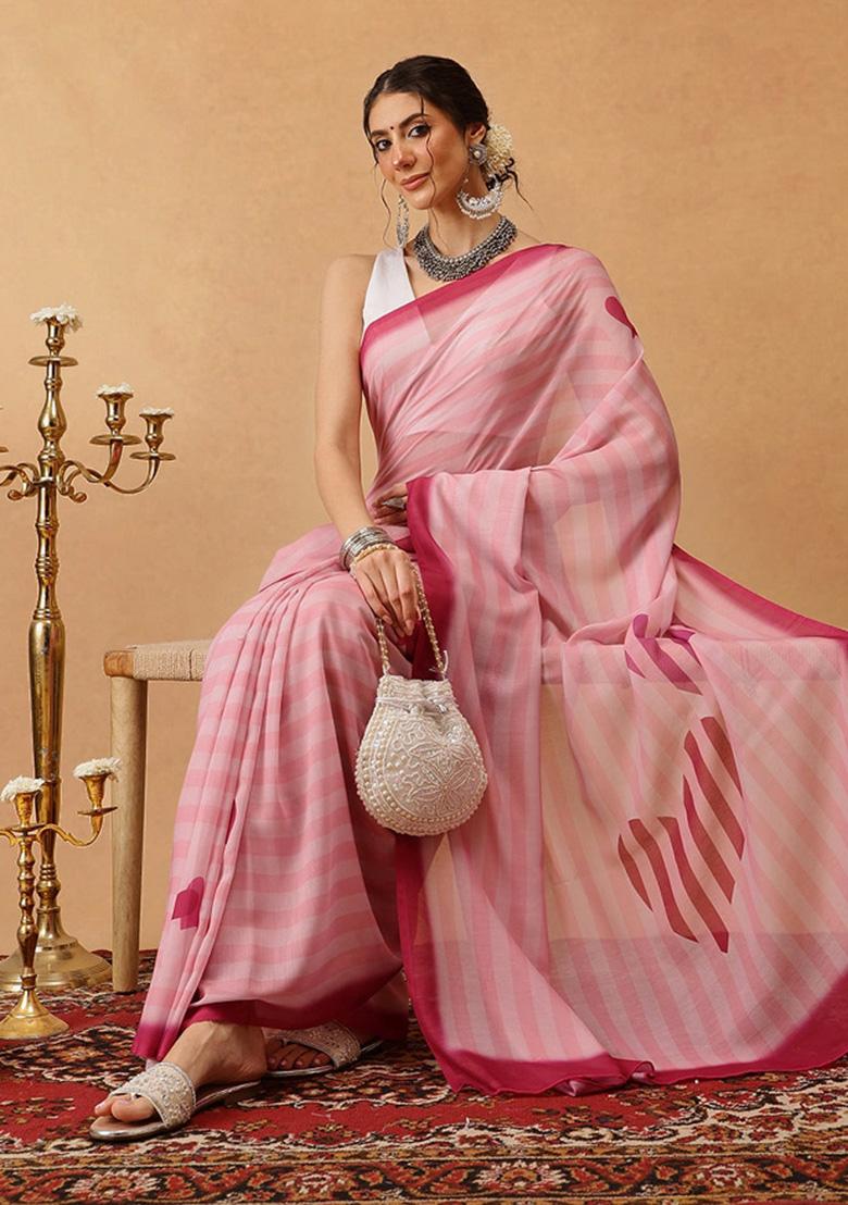 Pink Printed Mul Cotton Saree
