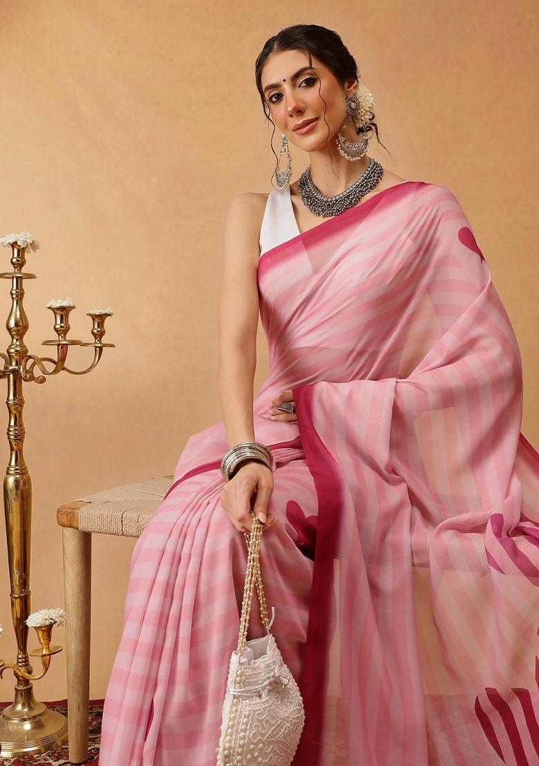 Pink Printed Mul Cotton Saree