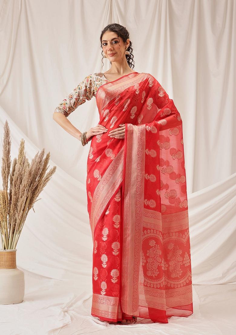 Red Woven Design Organza Silk Saree