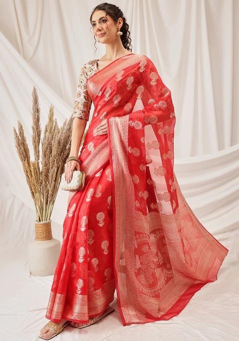 Red Woven Design Organza Silk Saree