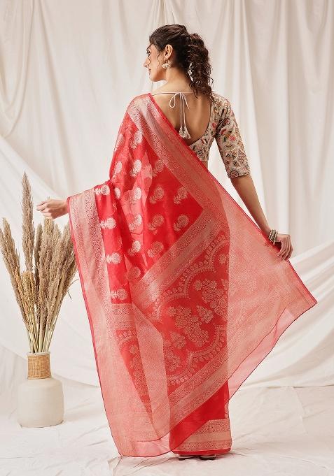 Red Woven Design Organza Silk Saree