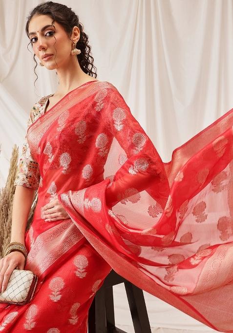 Red Woven Design Organza Silk Saree