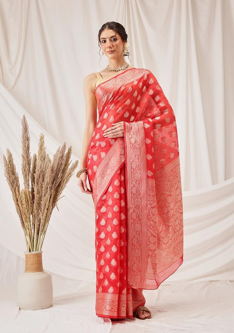 Red Woven Design Organza Silk Saree