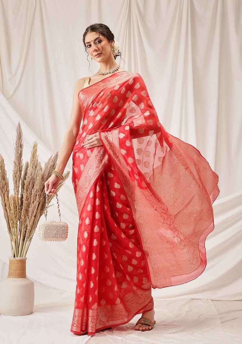 Red Woven Design Organza Silk Saree
