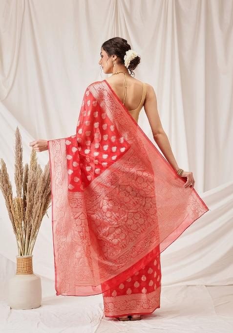 Red Woven Design Organza Silk Saree