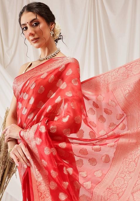 Red Woven Design Organza Silk Saree