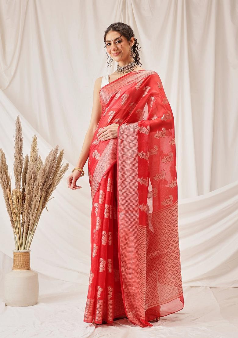 Red Woven Design Organza Silk Saree