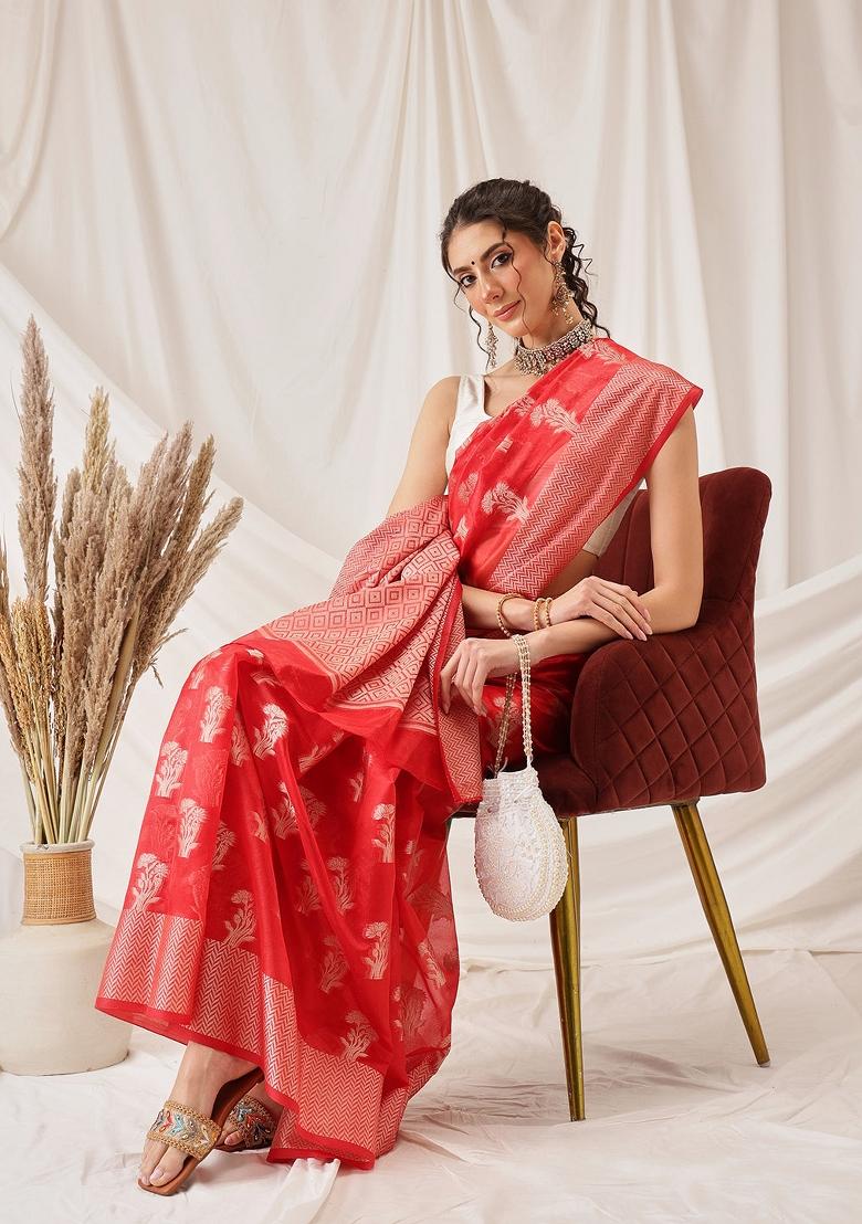 Red Woven Design Organza Silk Saree