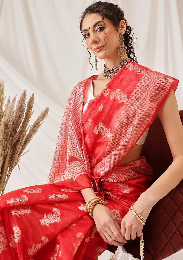 Red Woven Design Organza Silk Saree