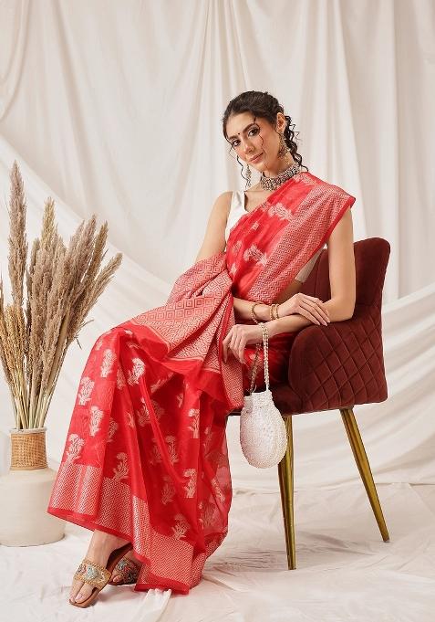 Red Woven Design Organza Silk Saree
