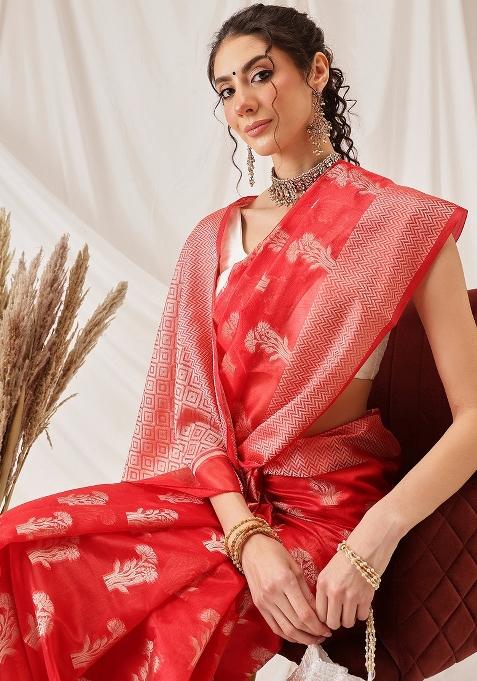 Red Woven Design Organza Silk Saree