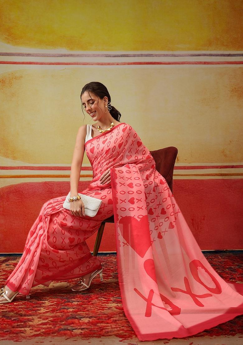 Pink Printed Mul Cotton Saree