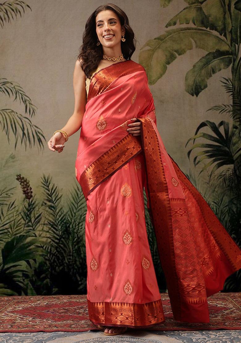 Peach Woven Design Banarasi Silk Saree