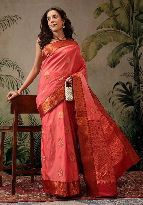 Peach Woven Design Banarasi Silk Saree