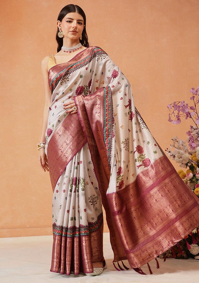 Grey Printed Banarasi Silk Saree
