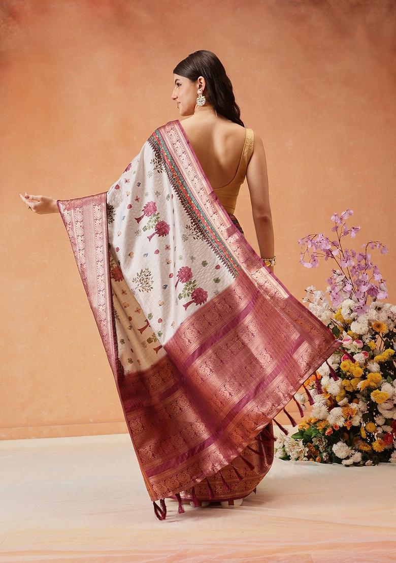 Grey Printed Banarasi Silk Saree