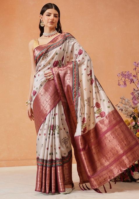 Grey Printed Banarasi Silk Saree