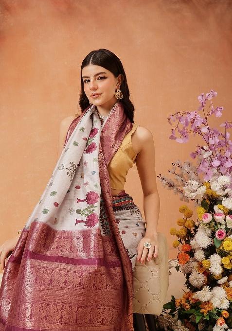 Grey Printed Banarasi Silk Saree