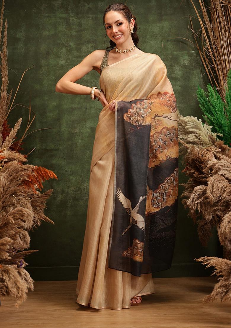 Beige Printed Cotton Tissue Saree