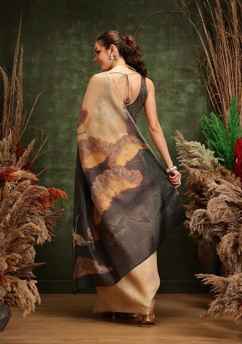 Beige Printed Cotton Tissue Saree
