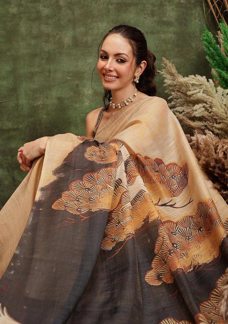Beige Printed Cotton Tissue Saree