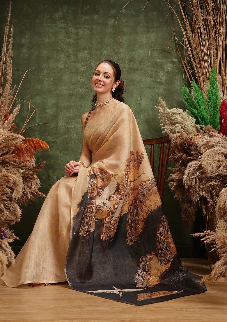 Beige Printed Cotton Tissue Saree