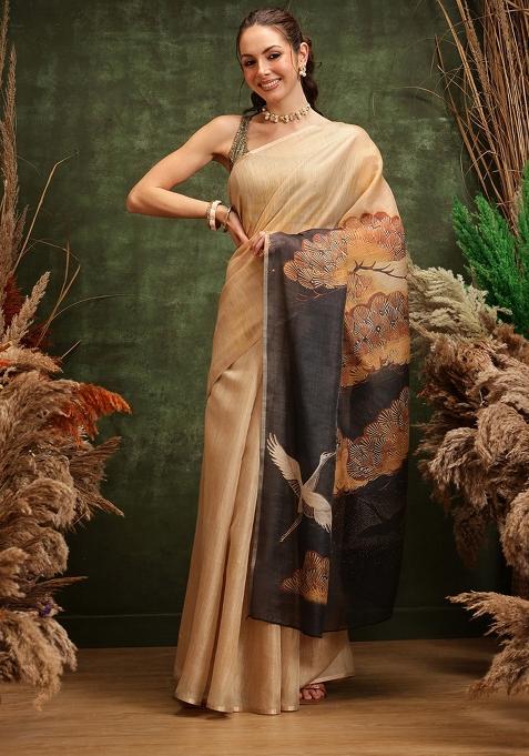 Beige Printed Cotton Tissue Saree