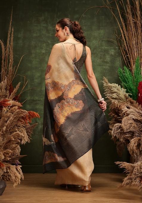 Beige Printed Cotton Tissue Saree