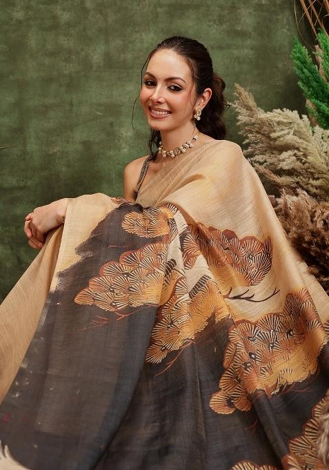 Beige Printed Cotton Tissue Saree