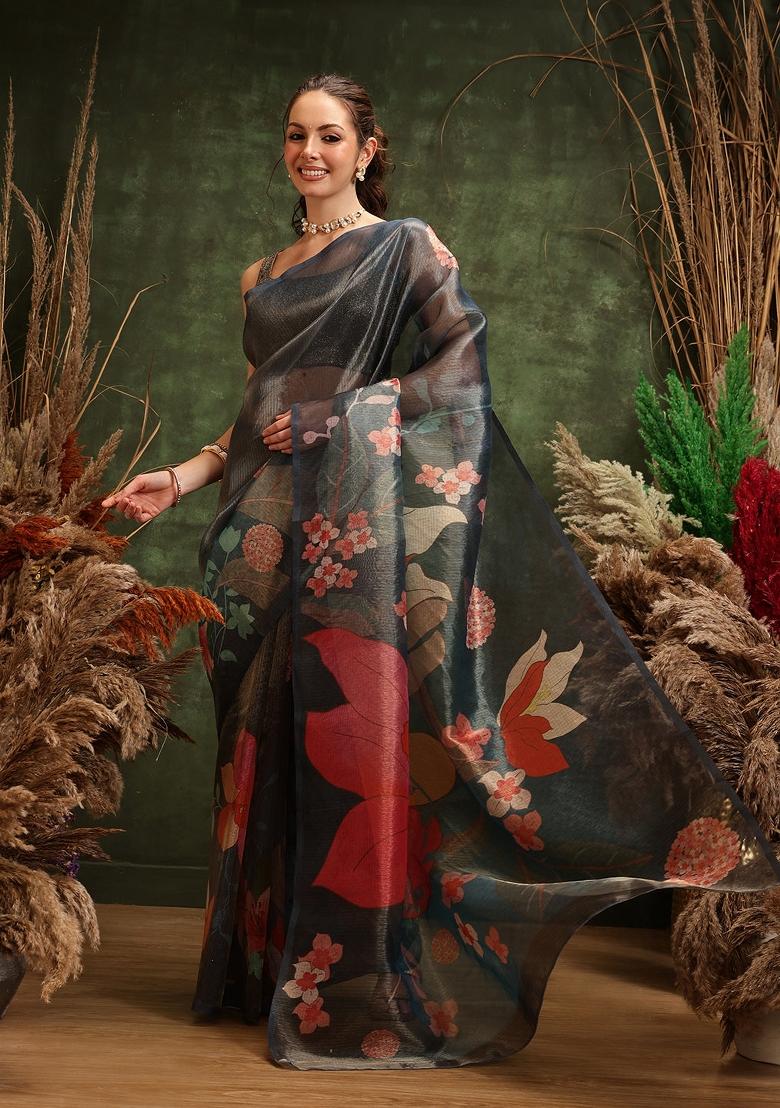 Teal Printed Cotton Tissue Saree