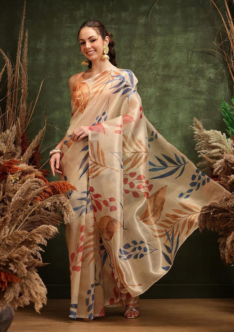 Off White Printed Cotton Tissue Saree