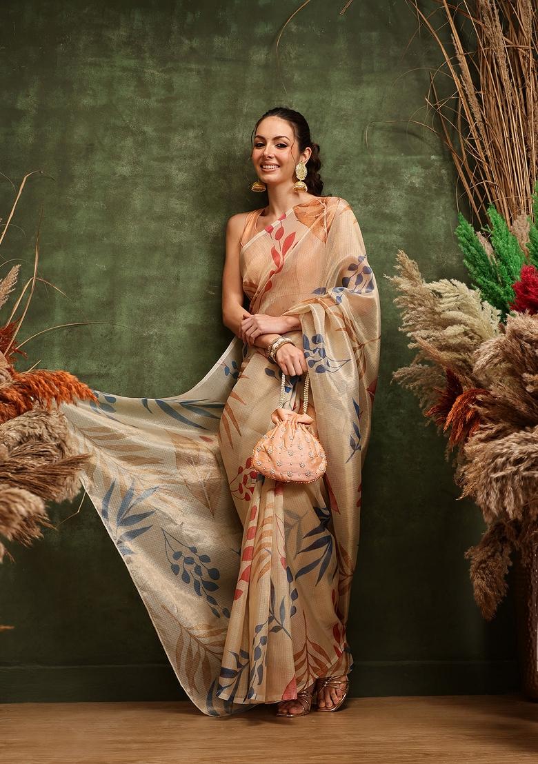 Off White Printed Cotton Tissue Saree