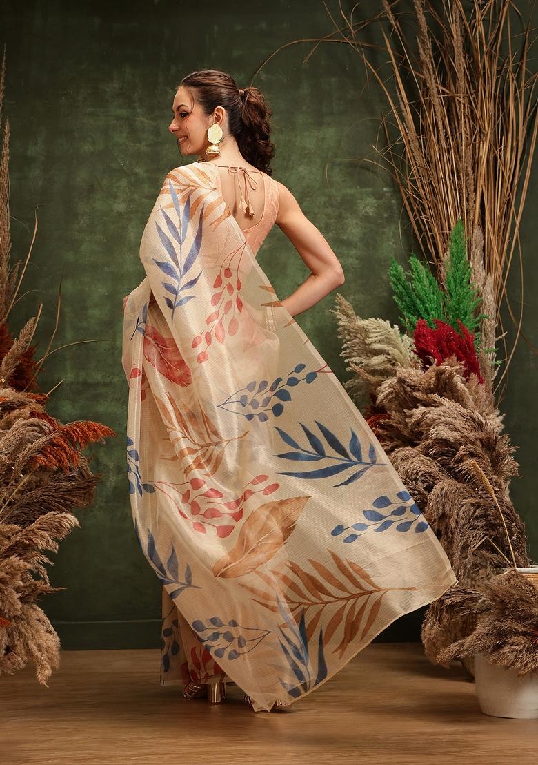 Off White Printed Cotton Tissue Saree