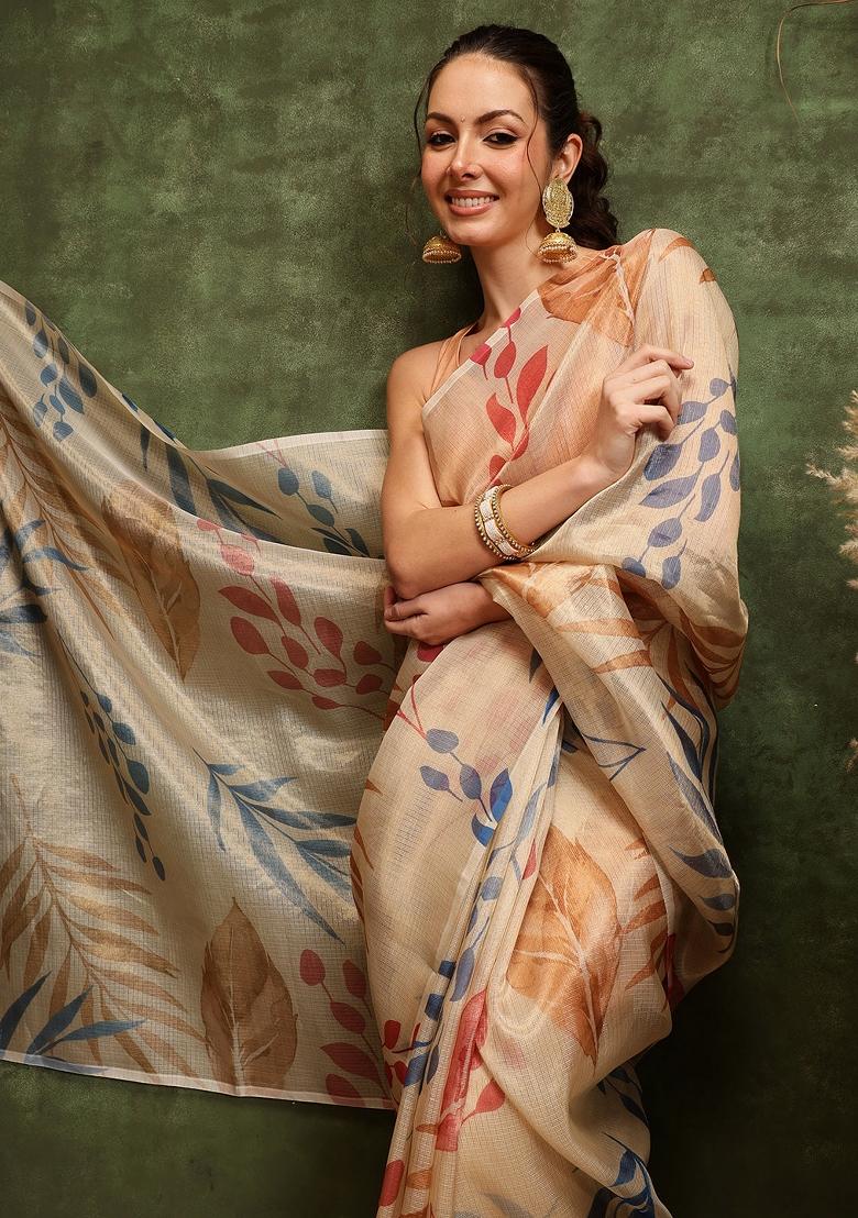 Off White Printed Cotton Tissue Saree
