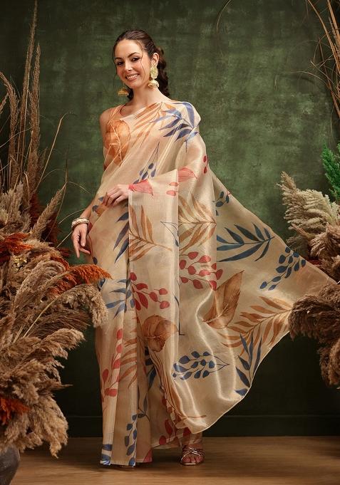 Off White Printed Cotton Tissue Saree