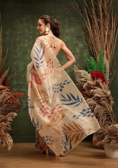 Off White Printed Cotton Tissue Saree