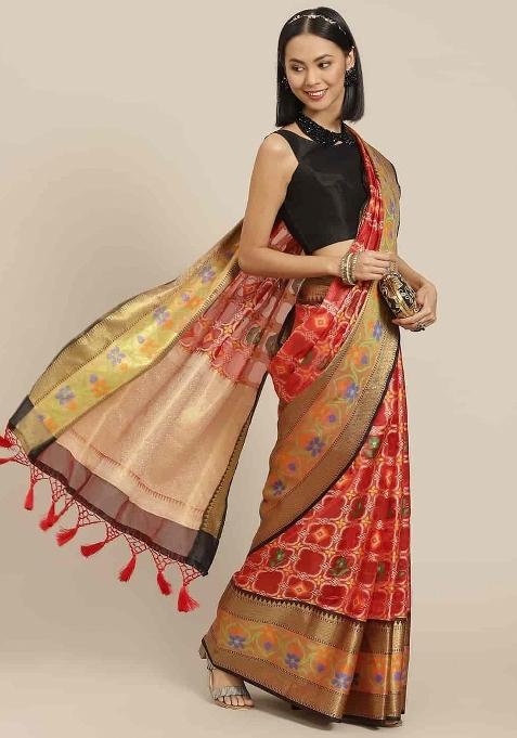 Red Woven Design Art Silk Saree