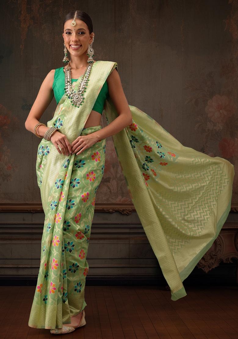 Lime Green Woven Design Cotton Saree